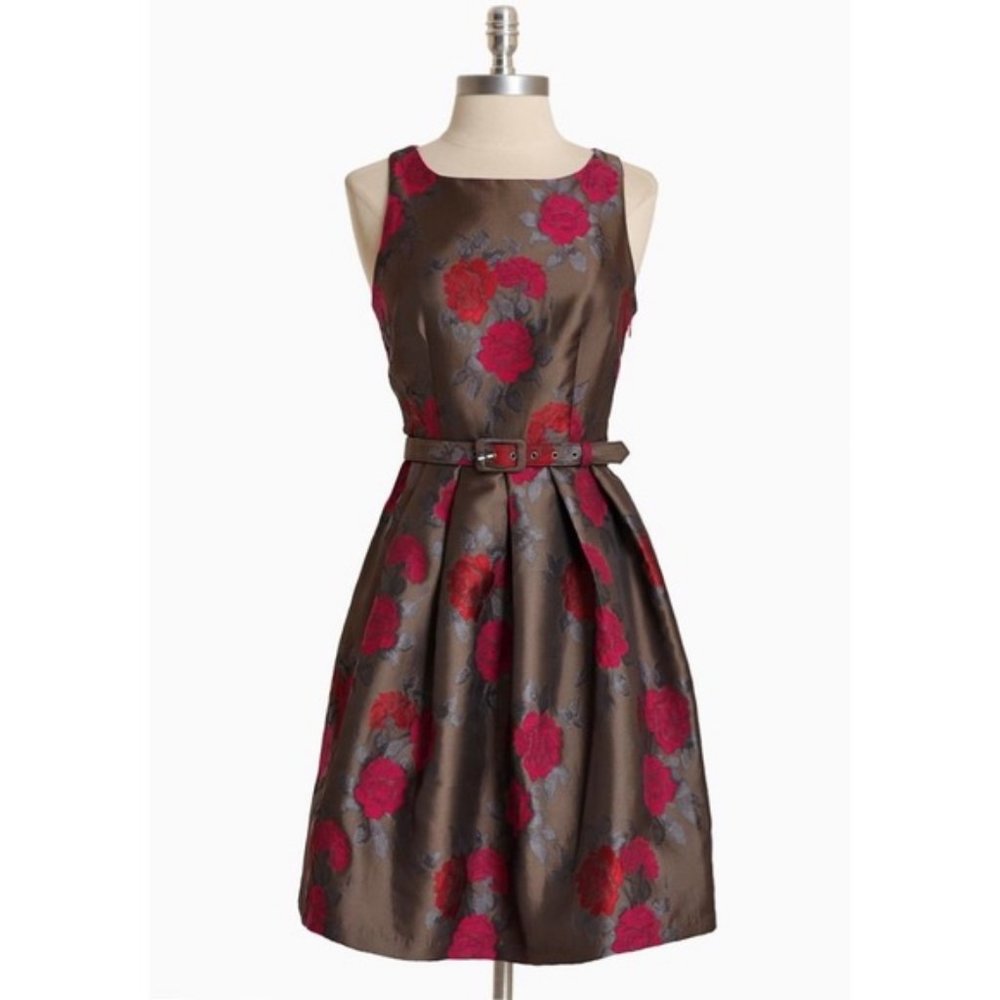 EVA FRANCO Brown Floral Classic Belted Dress 8 MEDIUM Retro A-Line Knee Length